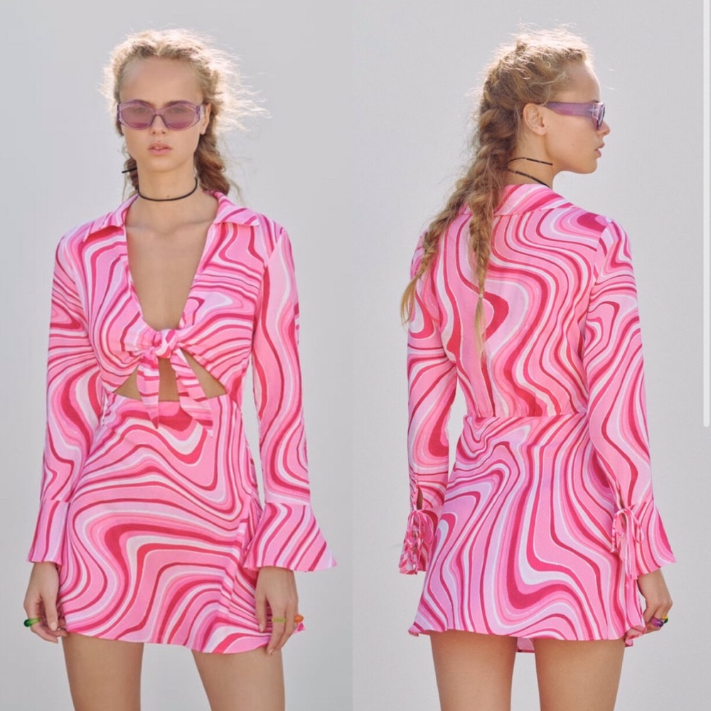 Zara groovy linen blend mini pink and white disco dress